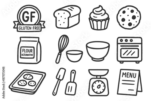 Gluten-free baking essentials: bread, cupcake, cookies, flour, whisk, bowl, oven icons.