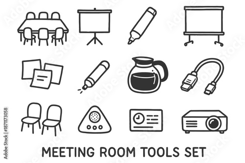 Meeting room tools set: projector, chairs, screen, marker, cable, coffee pot.