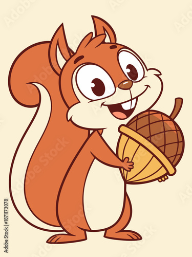 A cheerful cartoon squirrel with bright orange and white fur holds an oversized acorn, smiling playfully with wide eyes and a visible tooth perfect for children's media or nature-themed designs.