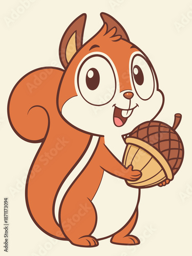 Cartoon squirrel with bright fur, smiling and holding a giant acorn playful and kid-friendly.