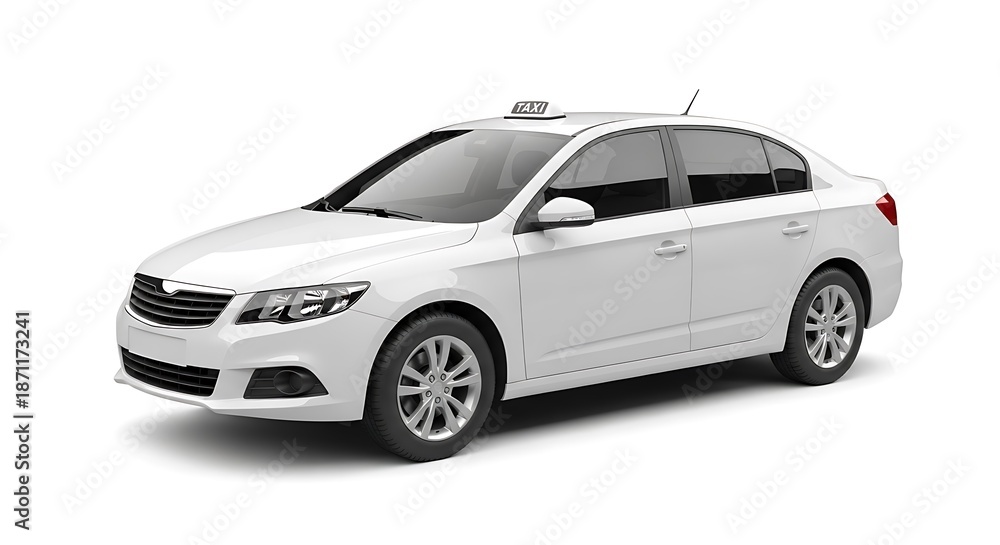 Fototapeta premium White sedan taxi with taxi sign on roof isolated on white background vehicle