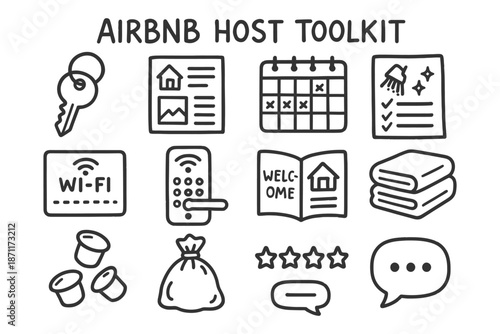Airbnb host toolkit: keys, calendar, reviews, wi-fi access, welcome guide, essentials icons.
