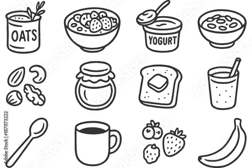 Hand-drawn breakfast icons featuring oats, yogurt, and fruits in black and white.