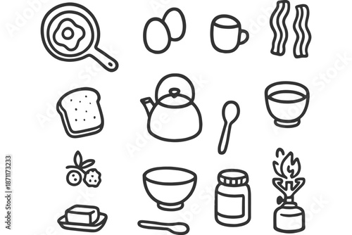 Breakfast icons: eggs, bacon, toast, kettle, food, cooking.