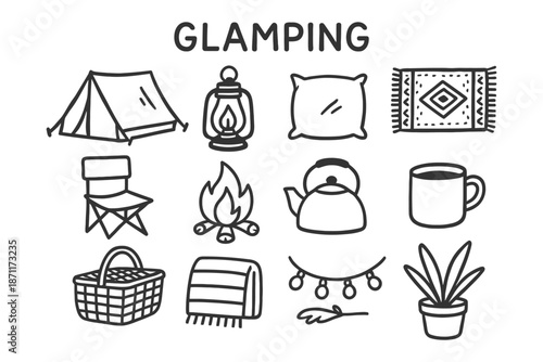 Glamping essentials: tent, lantern, pillow, rug, chair, campfire, kettle, mug, basket, blanket, lights, plant.