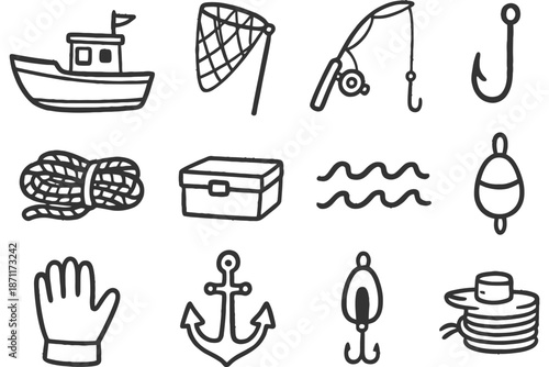 Hand-drawn fishing equipment icons including boat, net, and anchor.
