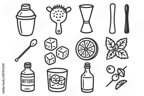 Cocktail tools and ingredients: shaker, jigger, muddler, ice, citrus, bitters, mint, olives.