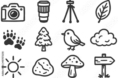 Set of nature and photography icons including camera, bird, tree, and sun.