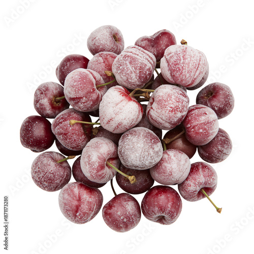 Pile of Ripe Frozen Cherries With White Frost on a White Background