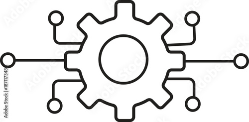 Technology integration and system connectivity gear icon representing automation and network processes isolated on white background.