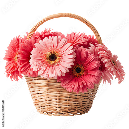 Basket Filled With Pink Gerbera Daisies Placed on a White Surface