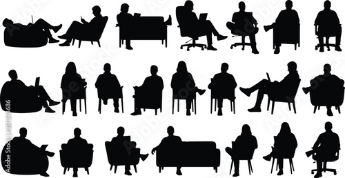 Silhouettes of people sitting in chairs, sofas, and bean bags using laptops, reading, relaxing, and showcasing diverse ergonomic postures