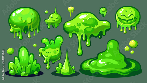 Cartoon green slime set. toxic waste or goo puddles, liquid drops, and splatters. vector illustration collection.