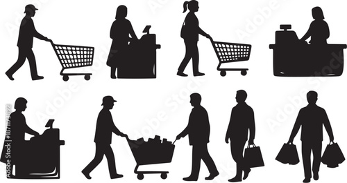 Silhouettes of people shopping with carts and bags