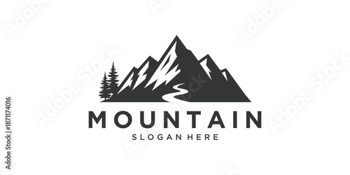 Mountain peak logo design with pine trees and road