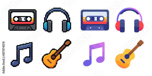 Pixel art and flat design music icons collection