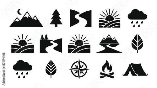 Nature and outdoors travel hiking camping icons