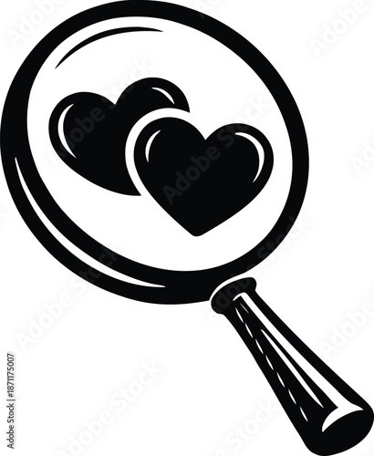Magnifying glass searching for love with two hearts vector illustration for dating and romance design.
