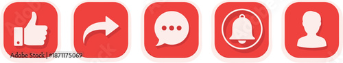 Social media icon set in red with like share chat and bell symbols