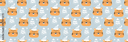 Cute tiger pattern with Christmas elements. Seamless animal design featuring baby cats in festive winter attire. Perfect for kids holiday decor and seasonal gift wrap.