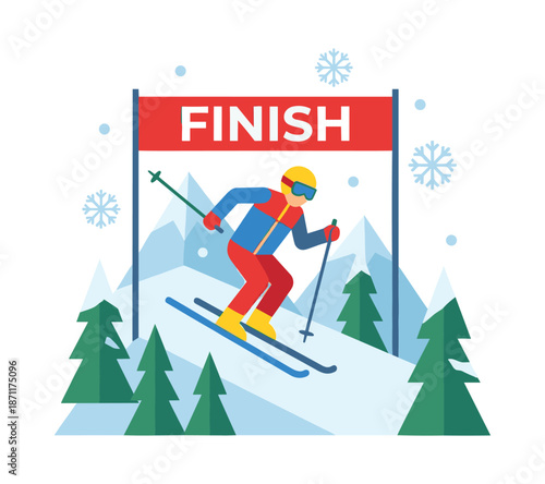 Skier competing reaching finish line in winter sport
