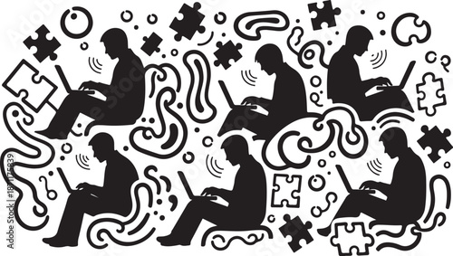 People working on laptops in a chaotic creative environment