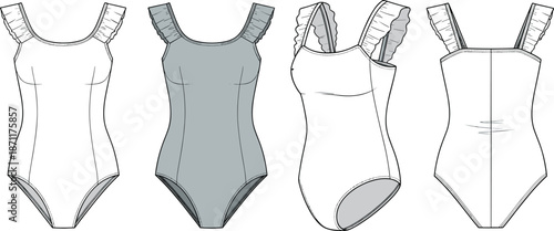 Women's ruffle strap bodysuit technical fashion illustration set, front back side views, swimwear design flat sketch vector