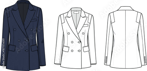 Women double breasted blazer technical fashion illustration, front and back views, tailored pinstripe suit jacket design vector flat sketch
