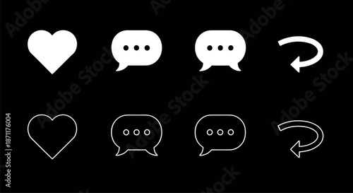 Social media interface icons with heart chat and reply symbols