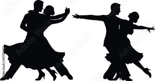 Elegant ballroom dance silhouettes of two couples performing graceful poses in formal attire, showcasing movement, coordination, and romantic expression