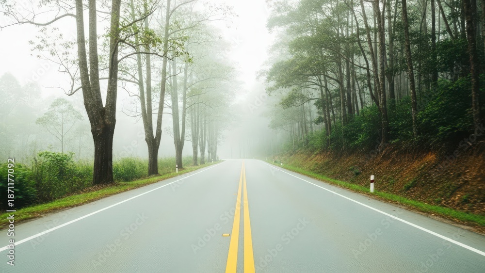 Fototapeta premium Foggy road through misty forest landscape