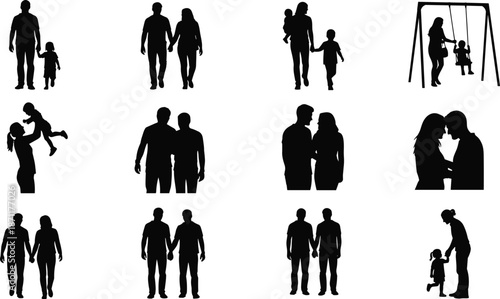 Silhouettes of couples and families in various emotional poses, showing love, care, bonding, and connection across generations and relationships
