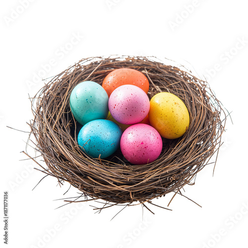 Colorful Eggs in a Nest on a Plain Background During Spring Season