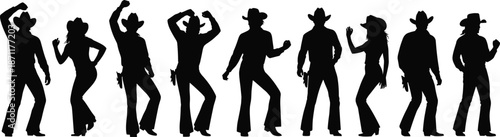 Silhouettes of cowboy dancers performing synchronized line dance poses in Western attire, capturing rhythm, movement, and cultural expression