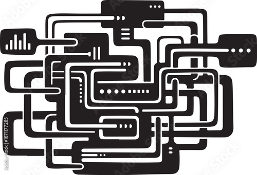 Complex Circuit Board Design with Black and White Lines