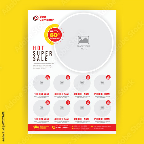 Hot Super Sale Flyer Template with Photo Placeholder for Supermarket Promotion, Grocery Discount Advertising Poster Design