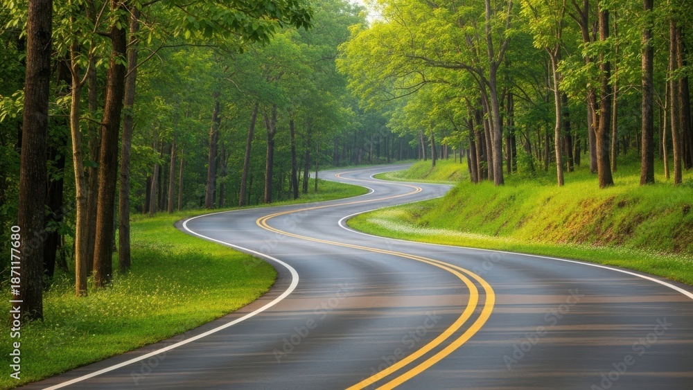 Fototapeta premium Winding road through lush green forest with trees