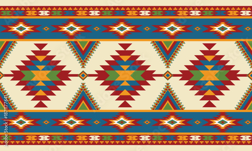 A bold modern tribal geometric pattern with symmetrical shapes and vibrant color contrasts. Perfect for textiles, fashion, and boho-inspired design.