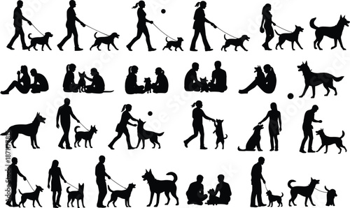 Silhouettes of people interacting with dogs in various poses, showing companionship, training, play, and outdoor bonding activities