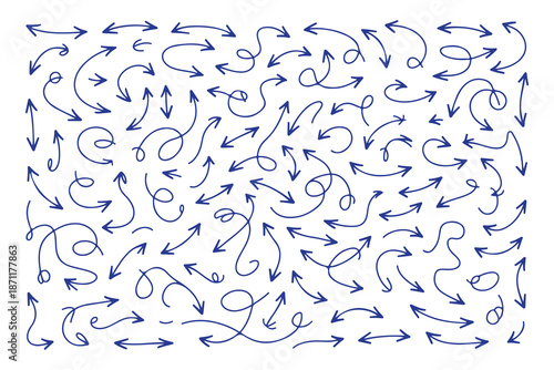 An abstract pattern of numerous blue arrows swirling and pointing in various directions across a white background