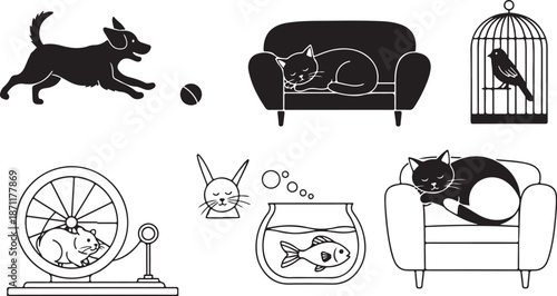 Black and white pet illustrations with various animals
