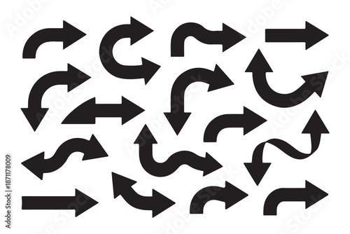 Collection of curved and turning arrows different shapes pointing various directions signpost concept