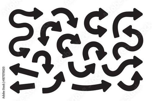 Diverse set of curved wavy spiral arrows various shapes dynamic flow direction abstract concept