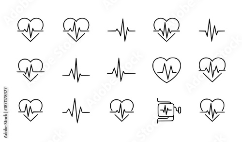 Minimal heartbeat and medical pulse line icon vector set