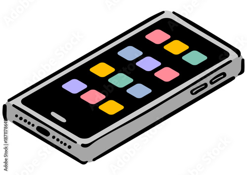 アイソメトリック図法のスマートフォン。手描きのアイソメ。