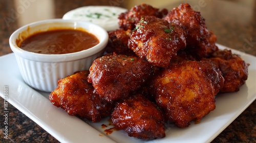 Delicious and spicy boneless chicken wings with two dipping sauces