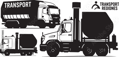 Black and white trucks transport vehicles illustration set