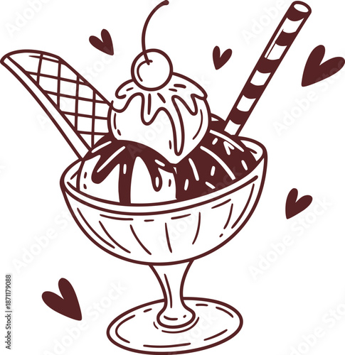 ice cream with cherry, chocolate ice cream sundae in a glass topped 