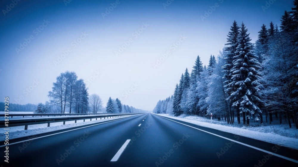 Obraz premium Snowy highway stretching through frosty forest landscape