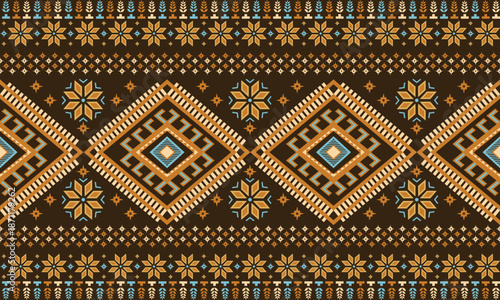 A bold modern tribal geometric pattern with symmetrical shapes and vibrant color contrasts. Perfect for textiles, fashion, and boho-inspired design.
